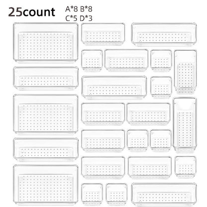 28 PCS Clear Drawer Organizers Set 4-Size Versatile Bathroom and Vanity Drawer Organizer Trays Storage Bins for Bedroom Kitchen