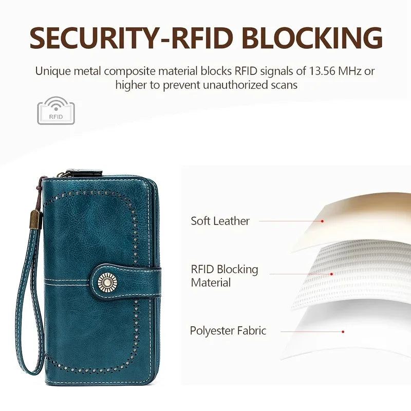 Unisex RFID Blocking Vintage Waxed Leather Long Wallet Large Capacity Zipper Clutch Multi Slots Card Coin Hand Purse