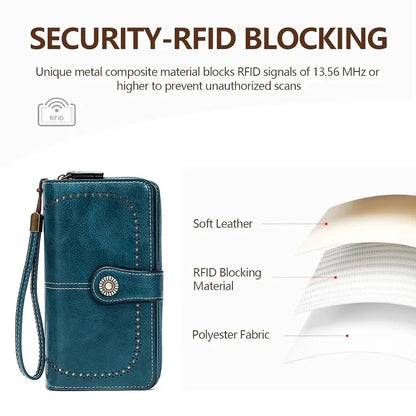 Unisex RFID Blocking Vintage Waxed Leather Long Wallet Large Capacity Zipper Clutch Multi Slots Card Coin Hand Purse
