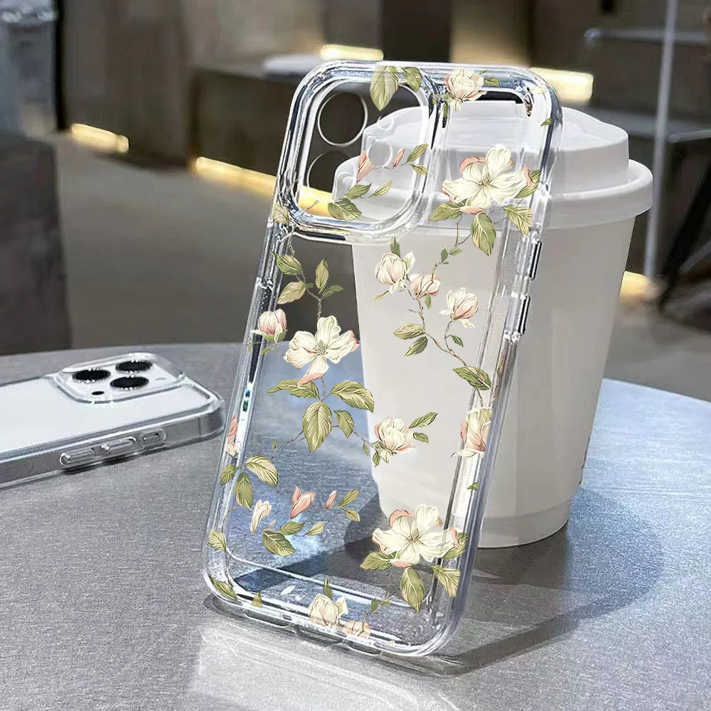 Flower Phone Case For iPhone 16 15 13 11 14 12 17 Pro Max 16E XS XR 7 8 Plus SE Shockproof Transparent Cover Silicone Soft Funda