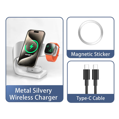 Wireless Charger Stand Metal Shell Magnetic 15W Fast Charging Station Stand for iPhone 12-17 Mobile Phones  Airpods Watch 4 in 1