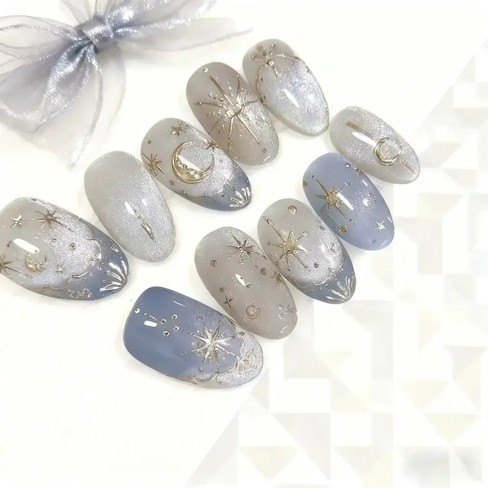Y2K Romantic Star Gold Moon Sweet Almond Press On Nails 24Pcs Gradient Blue French Self Adhesive Reusable False Nails For Girls Women Daily Nail Art Accessory