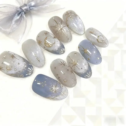 Y2K Romantic Star Gold Moon Sweet Almond Press On Nails 24Pcs Gradient Blue French Self Adhesive Reusable False Nails For Girls Women Daily Nail Art Accessory