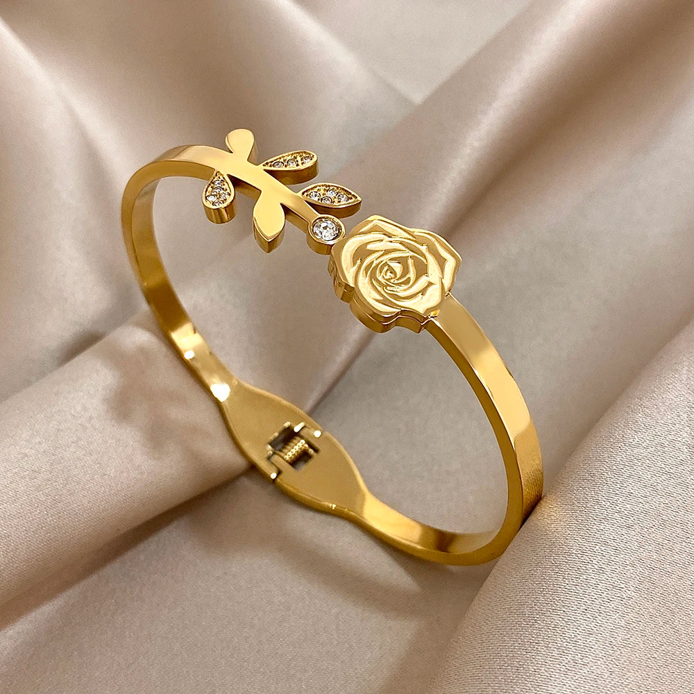 Greatera Stainless Steel Double Flower Cuff Bracelet – Gold Color Waterproof