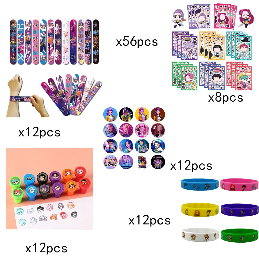 Hot K-pop Birthday Party Favors Cartoon Kids Gift -Reusable Straw Stamp sticker Bracelet Keychain Pin Badge Game Reward Souvenir