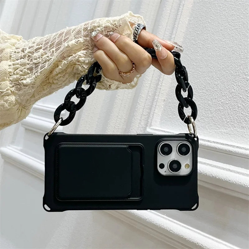 Liquid Silicone Wallet Card Slot Four Corner Anti-Fall Bracelet Phone Case for iPhone 17 18 Pro Max 15 14 13 12 Mini 16 Pro Max