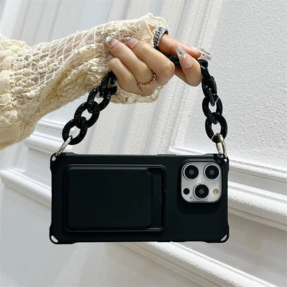 Liquid Silicone Wallet Card Slot Four Corner Anti-Fall Bracelet Phone Case for iPhone 17 18 Pro Max 15 14 13 12 Mini 16 Pro Max