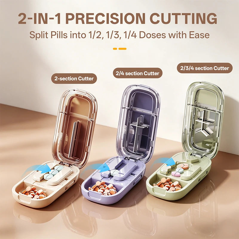 Pill Cutter & Storage Box – Quartering 1/2/1/31/4 Splitter, Portable Dustproof Tablet Divider Organizer with Crusher