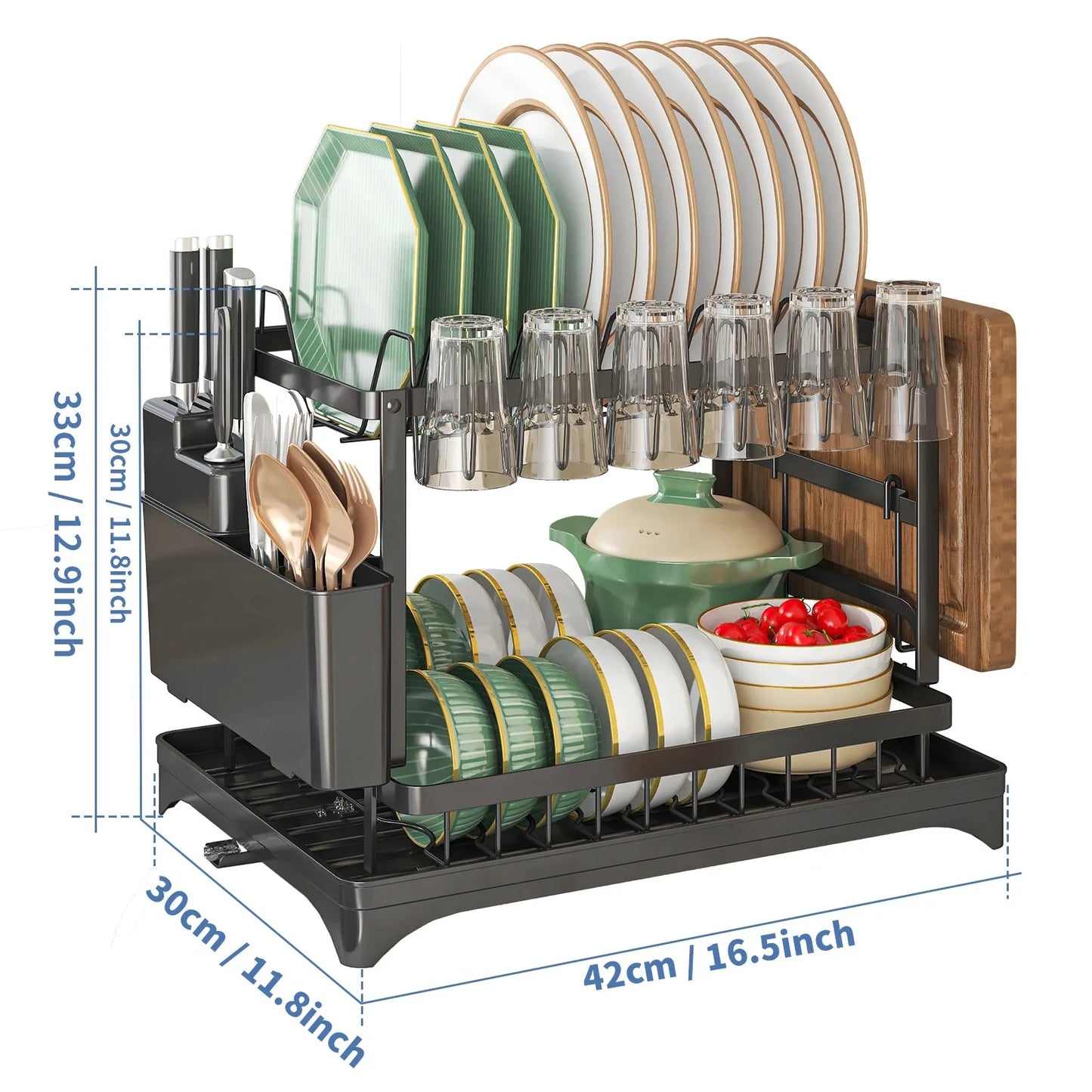 2 Tier Dish Drying Rack Kitchen Bowl Drainer Storage Rack Tableware Drain Chopsticks Knife Fork Water Cup Storage Holder 2 Tier
