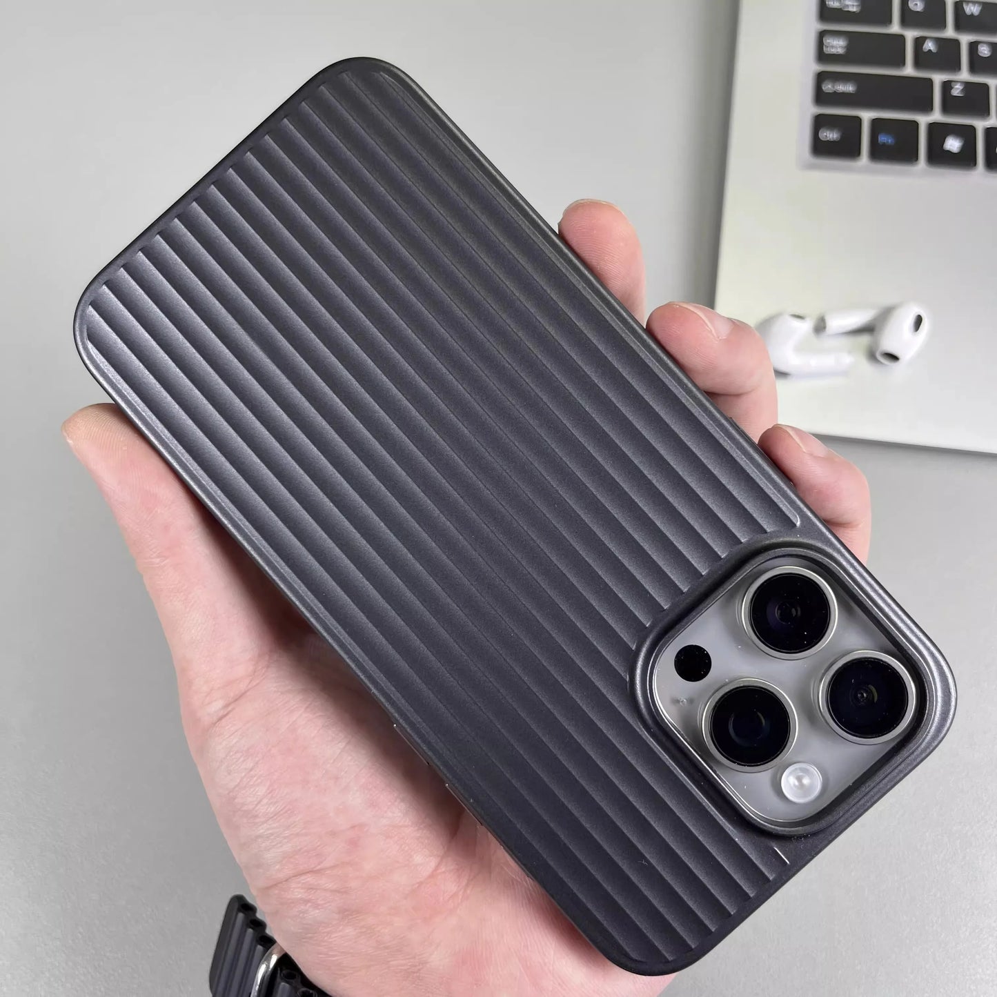 Natural Titanium Grating Stripe Pattern Phone Case for iPhone 16 14 15 13 Pro Max Plus Metal Button Shockproof Hard Armor Cover