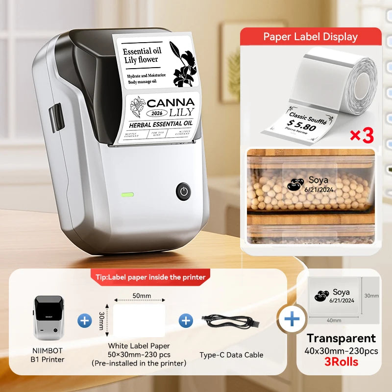 Niimbot B1 Wireless Thermal Label Printer Food Tag Barcode Price Small Business 20-50mm Print Width Label Machine for Home
