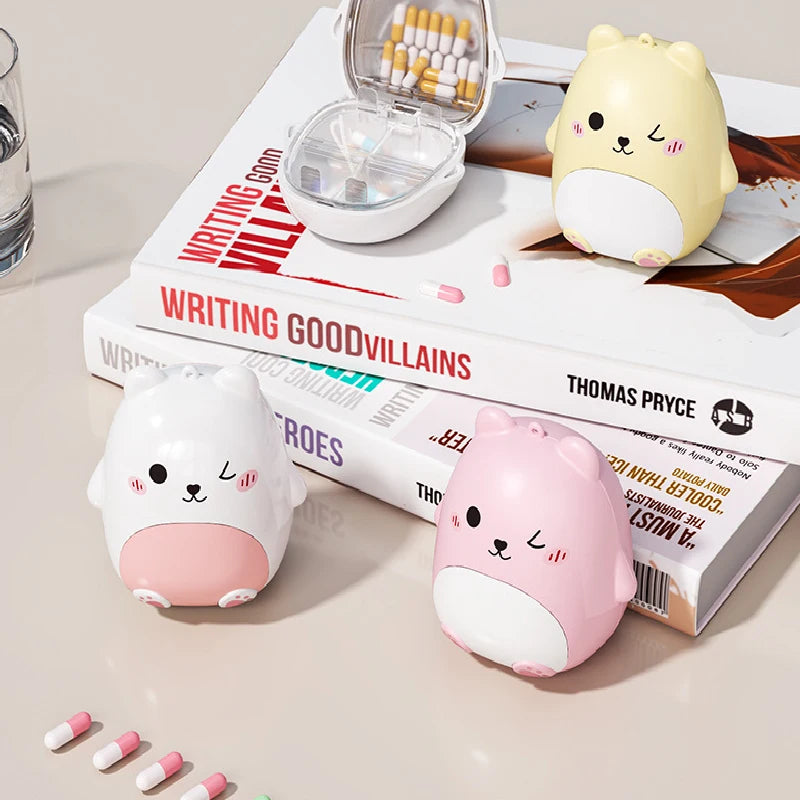 Mini Portable Bear Cartoon Jewelry Storage Box Travel Sealed Five Grids Organizer Compact Personal Medicine Box