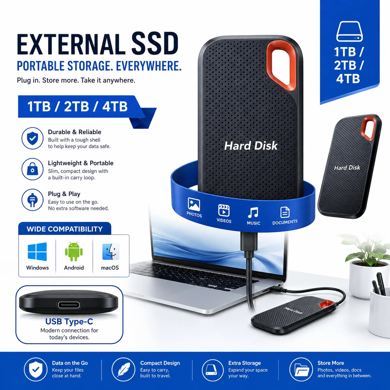 1TB External Hard Drive 2TB Portable SSD USB-C Fast Storage Disk for Laptop Mac PC Phone Photo File Backup