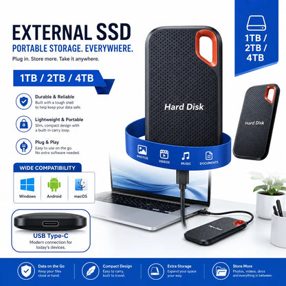 1TB External Hard Drive 2TB Portable SSD USB-C Fast Storage Disk for Laptop Mac PC Phone Photo File Backup