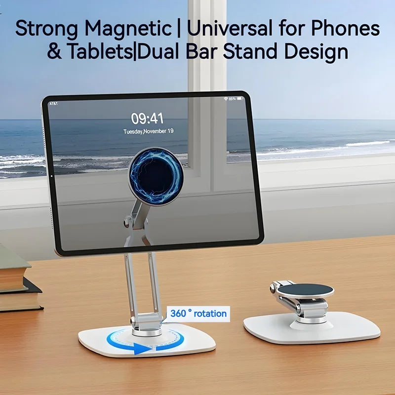 2in1 Alloy Desktop Magnetic Tablet Phone Stand, Foldable Three Axis Support 360 Rotation Universal Compatible with Phone & Ipad