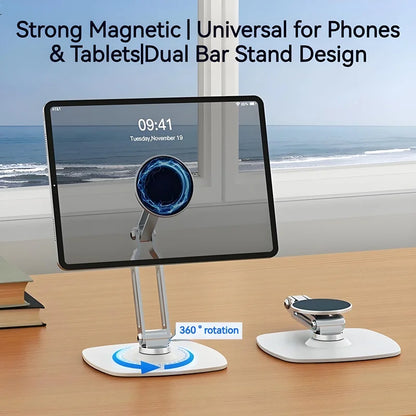2in1 Alloy Desktop Magnetic Tablet Phone Stand, Foldable Three Axis Support 360 Rotation Universal Compatible with Phone & Ipad