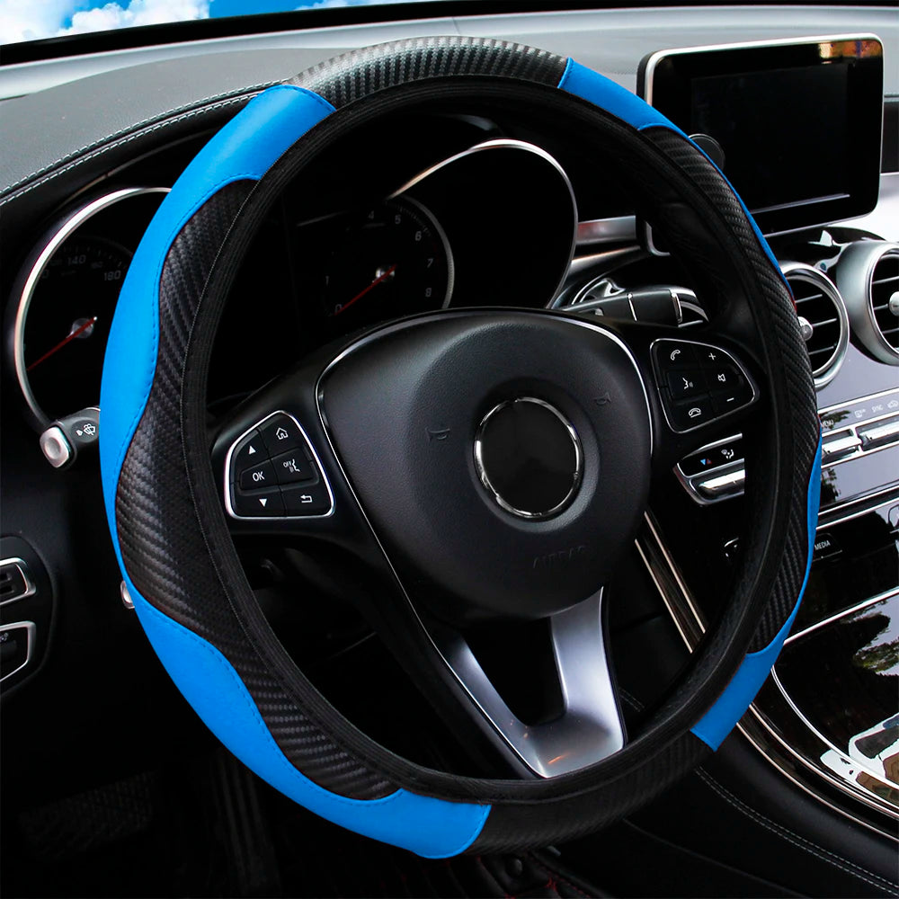 37-38cm Carbon Fiber Style PU Leather Steering Wheel Cover Universal Anti Slip Breathable for Car Interior Decoration