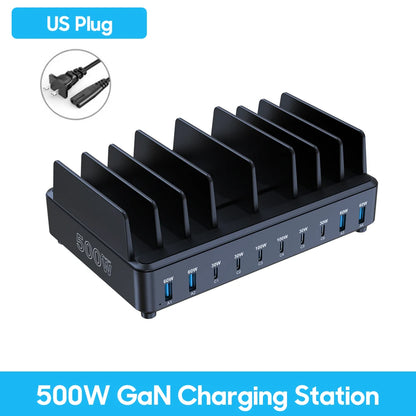 500W USB C Charger 10 Ports GaN Charging Station Stand PD 100W Fast Charge for MacBook Pro iPhone Samsung Laptops Tablets