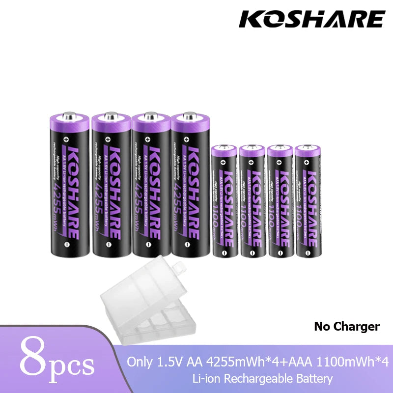 KOSHARE 1.5V AA 4255mWh AAA 1100mWh Rechargeable Lithium Battery Charger Set  With LED Indicator Arc-look Fast Charging Case