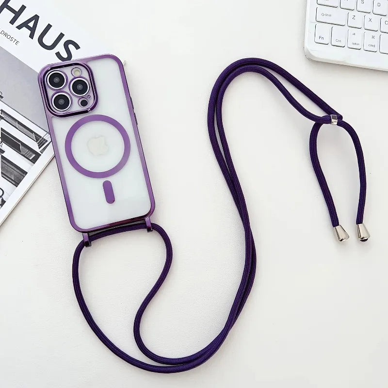 Crossboby Lanyard Plating Phone Case For iPhone Air 17 16E 16 15 14 13 12 11 Pro Max For Magsafe Magnetic Necklace Cord Cover