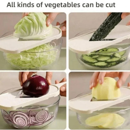 Multi Handheld Mandoline Slicer - Stainless Steel V Blade, with Cleaning Brush, Comfort Grip, Easy to Clean, for Kitchen, Vegetable Chopper, Fruit, Cheese Grater, Potato Chips Slicer (White)