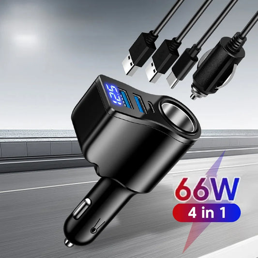 66W 4 Ports Digital Display Car Cigarette Lighter Power Adapter 3.1 A USB PD Car Phone Multifunctional Charger For iPhone Huawei