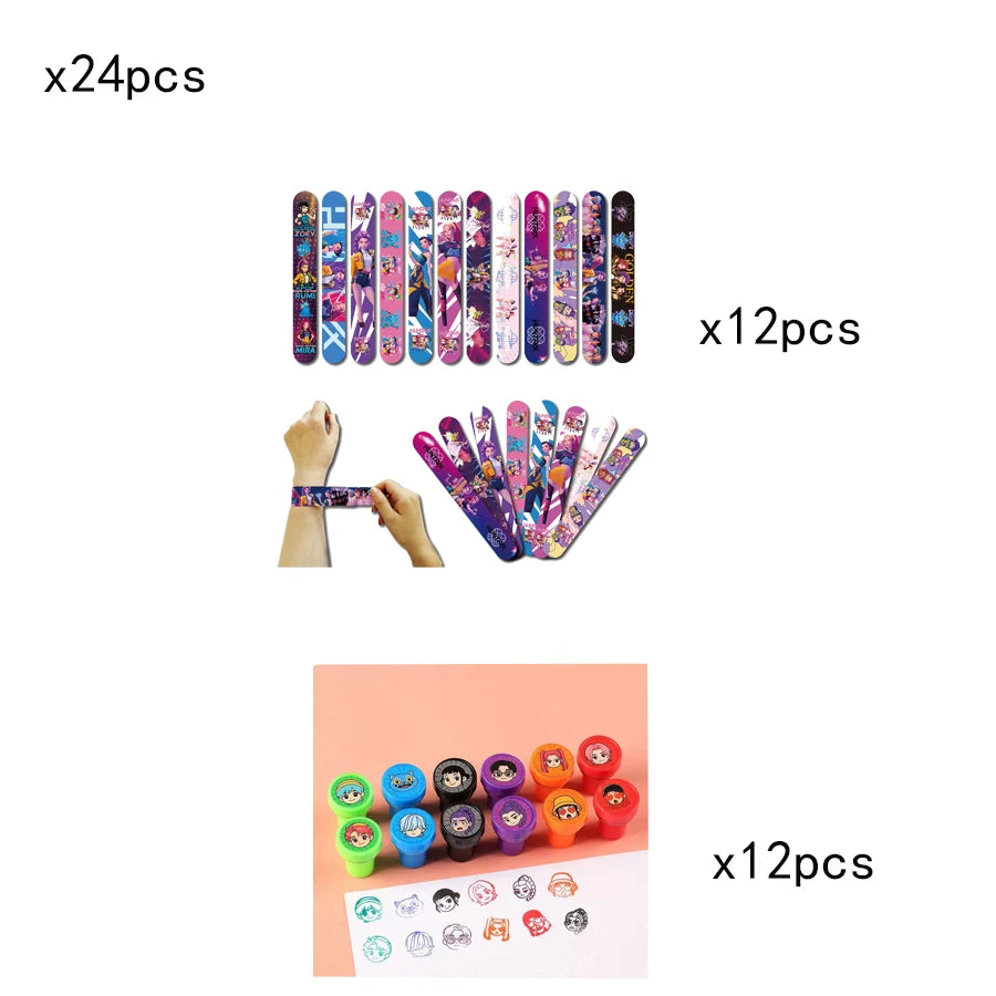 Hot K-pop Birthday Party Favors Cartoon Kids Gift -Reusable Straw Stamp sticker Bracelet Keychain Pin Badge Game Reward Souvenir