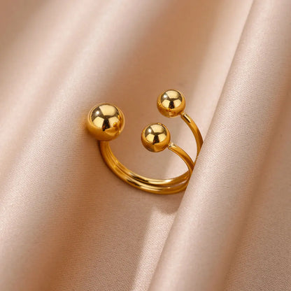 Exaggerated Stainless Steel Bead Ball Ring – Adjustable Gold Color Waterproof Ring for Women & Men