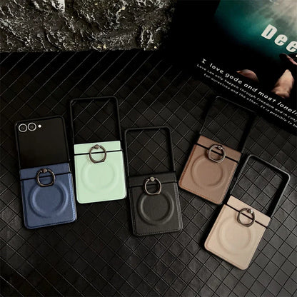 360 Rotating Magnetic Ring Holder Phone Case For Samsung Z Flip 7 6 5 4 3 Flip6 Flip5 Flip4 Flip3 5G PU Leather Back Cover