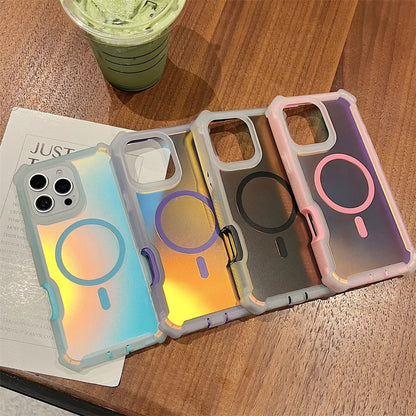 Luxury for Magsafe Laser Dazzling Armor Case For iPhone 16 Pro Max 15 Plus 14 13 Wireless Charging Dual Layer Protection Cover