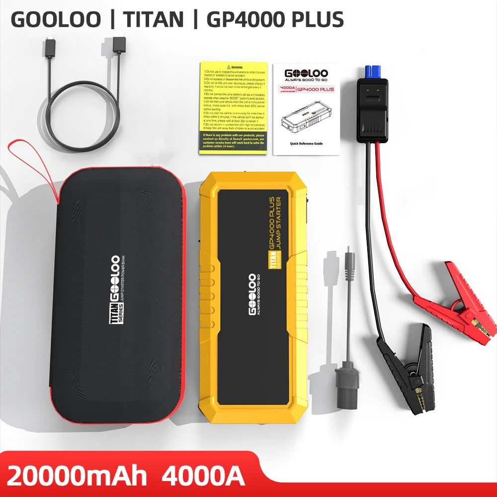 GOOLOO GP4000 PLUS 4000A 12V Portable Car Jump Starter, SuperSafe Lithium Battery Booster Pack, Spark-Proof with LED Light, for All Gas & Up to 10.0L Diesel Engines