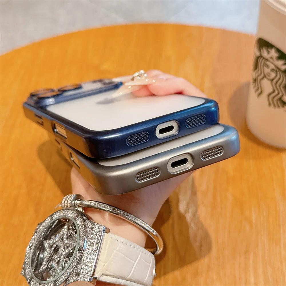 Luxury Frosted Matte iPhone Case – Metallic Frame MagSafe Cover for iPhone 11–17 Series
