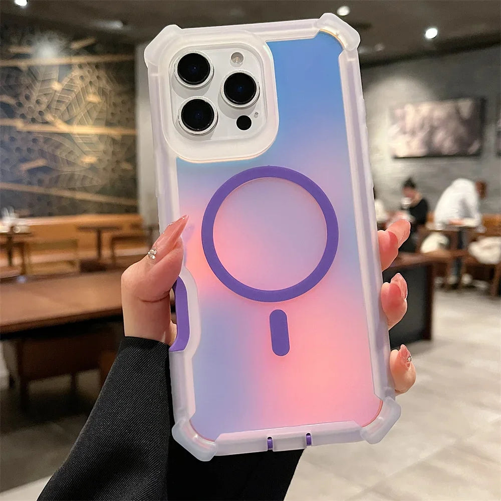 Luxury for Magsafe Laser Dazzling Armor Case For iPhone 16 Pro Max 15 Plus 14 13 Wireless Charging Dual Layer Protection Cover