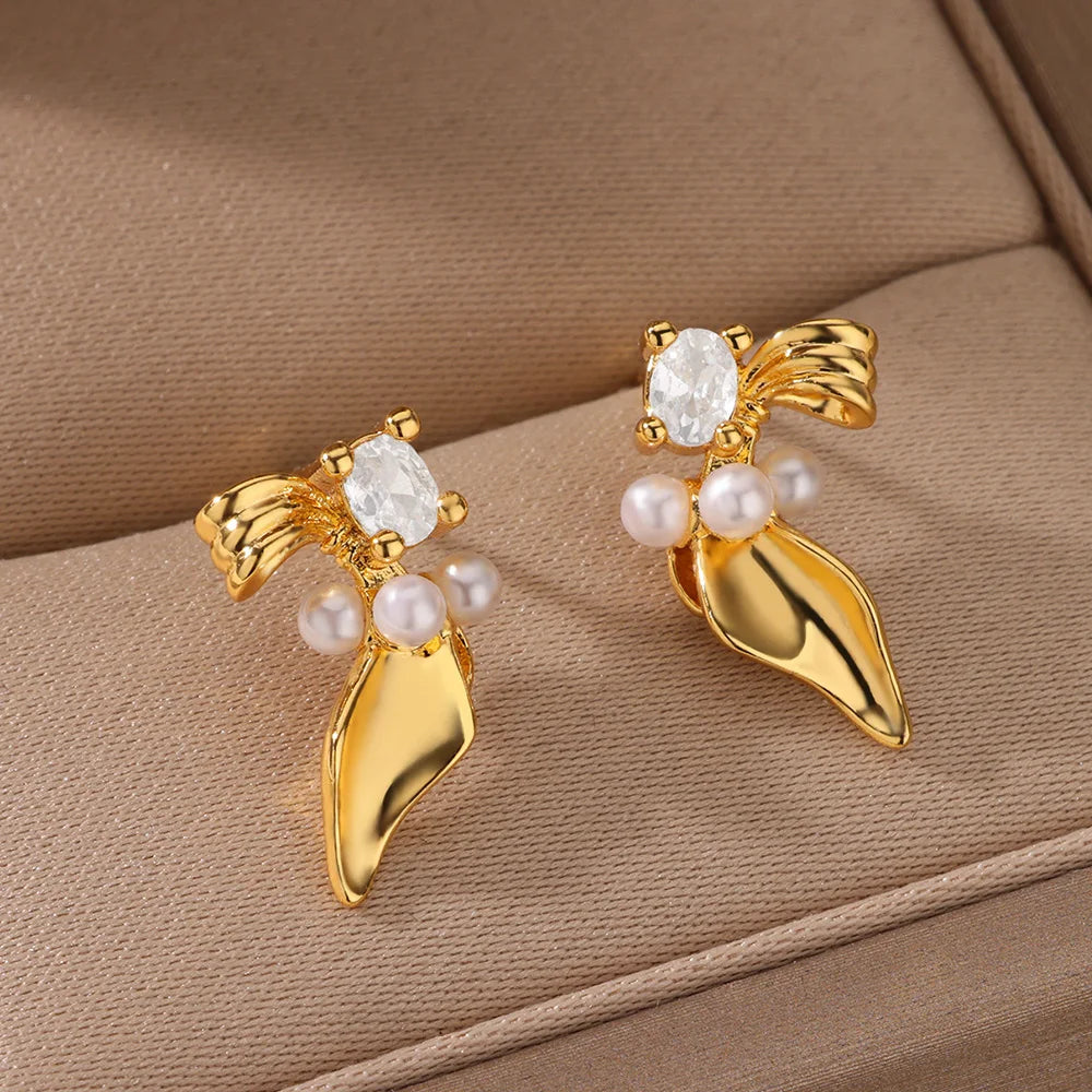Gold Plated Stainless Steel Geometric Claw Earrings - Starfish & Heart Studs for Women, Waterproof Fashion Jewelry Gift