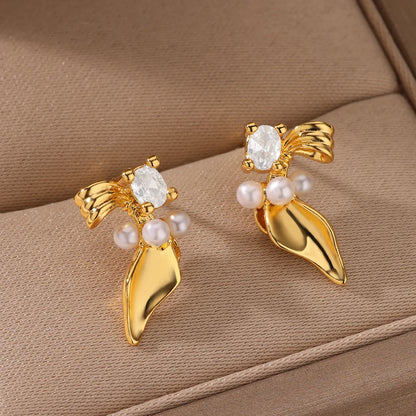 Gold Plated Stainless Steel Geometric Claw Earrings - Starfish & Heart Studs for Women, Waterproof Fashion Jewelry Gift