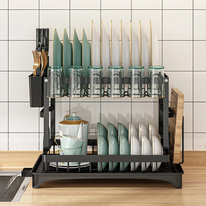 2 Tier Dish Drying Rack Kitchen Bowl Drainer Storage Rack Tableware Drain Chopsticks Knife Fork Water Cup Storage Holder 2 Tier