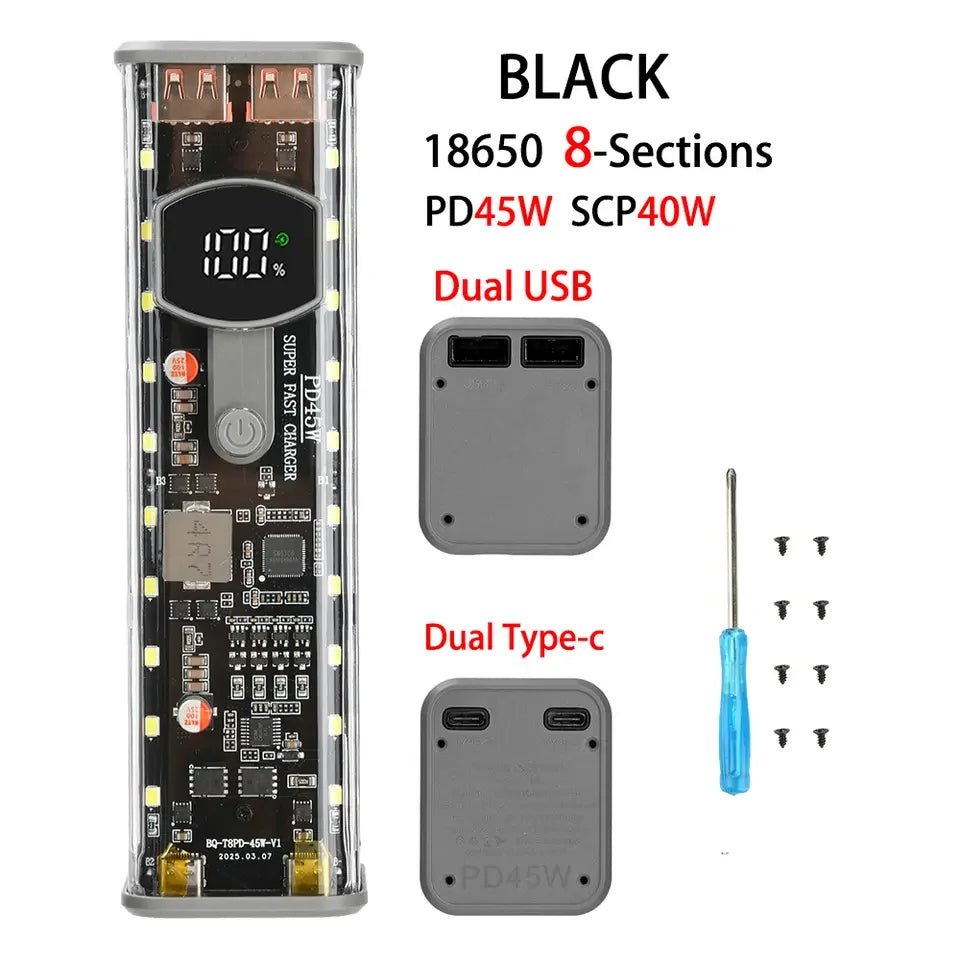 PD65W PD45W Power Bank Case Kit 8*18650 Power Bank Battery Storage Box Fast Charging Battery Holder with LED Light USB+Type-C
