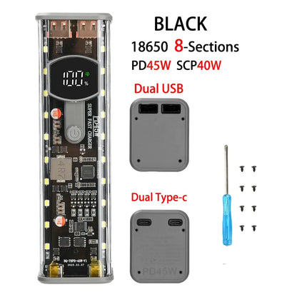 PD65W PD45W Power Bank Case Kit 8*18650 Power Bank Battery Storage Box Fast Charging Battery Holder with LED Light USB+Type-C