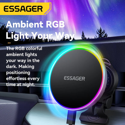 Essager 15W Magnetic Car Phone Holder Wireless Charger Stand For iPhone 16 15 14 13 Pro Max Charging for Magsafe Car Charger RGB