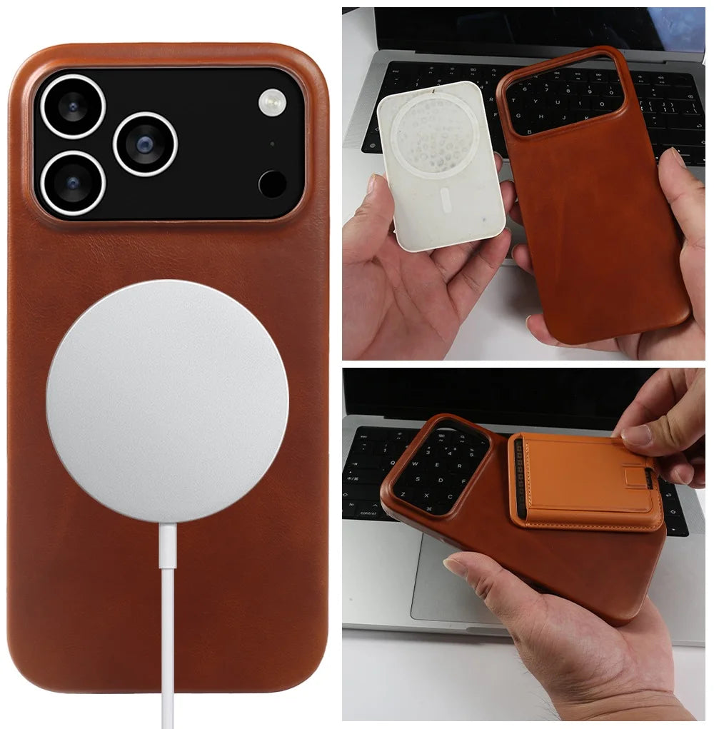 Vintage Oil Wax Full Covered Genuine Leather Case For Iphone 17 Pro Max 16 15 14 13 12 11 for Magsafe Magnetic Phone Cover Cases