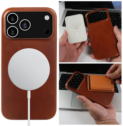 Vintage Oil Wax Full Covered Genuine Leather Case For Iphone 17 Pro Max 16 15 14 13 12 11 for Magsafe Magnetic Phone Cover Cases