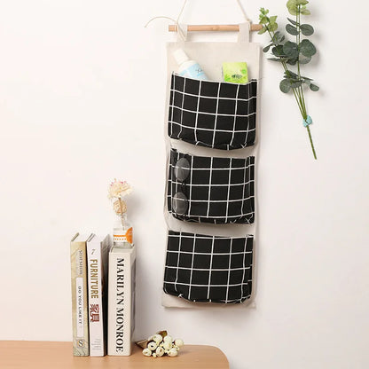 1PC Three Pockets Hanging Wall Storage Bag Household Bedroom Living Room Kitchen Cotton Linen Storage Bag