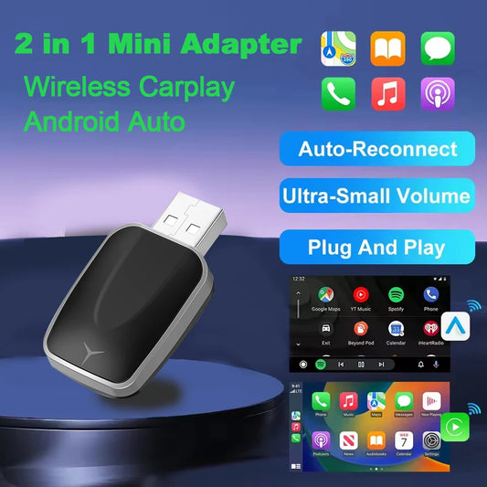 2 In 1 Wired To Wireless Carplay Android Automatic Adapter Car Gadget Smart Box Plug and Play 5Ghz Wifi Fast Connection