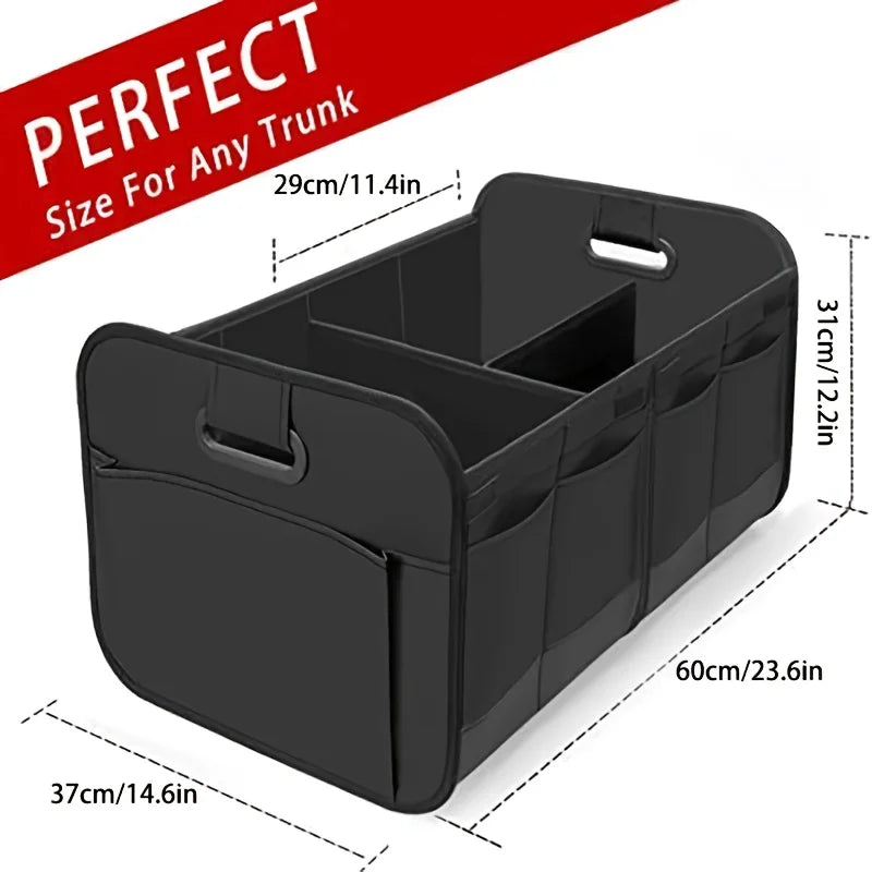 Collapsible 600D Oxford Car Trunk Organizer with Reinforced Handles & Multi-Compartments. Fits All Cars, SUVs, Vans.