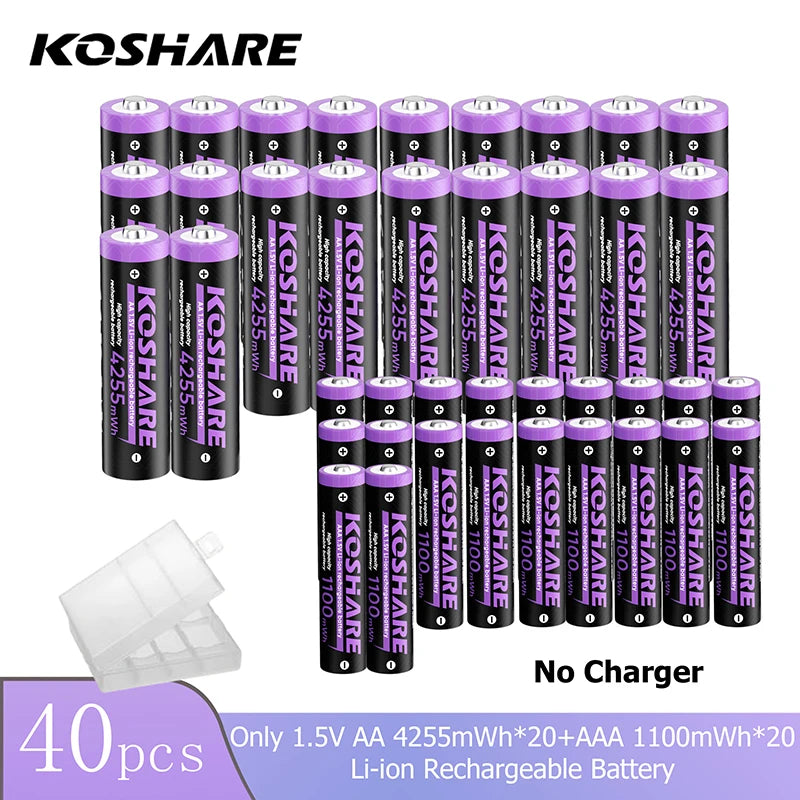 KOSHARE 1.5V AA 4255mWh AAA 1100mWh Rechargeable Lithium Battery Charger Set  With LED Indicator Arc-look Fast Charging Case