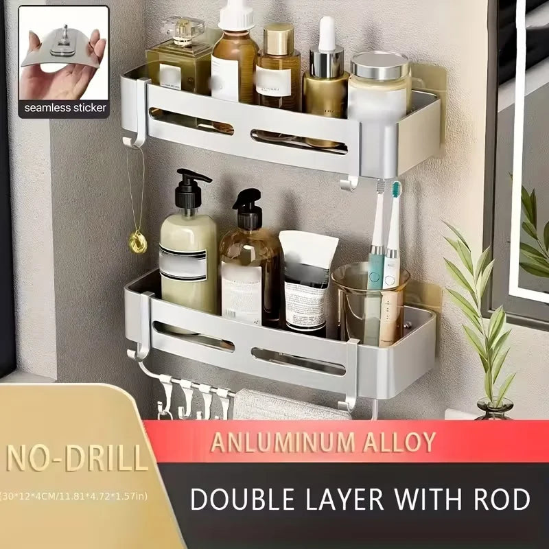 1pc Non-Drill Aluminum Bathroom Storage Rack - Wall Mounted Corner Rack Used For Storing Bathroom Shampoo Shower Gel Cosmetics