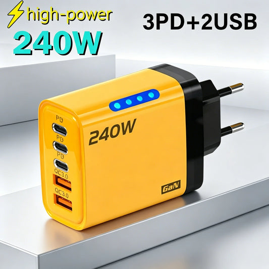 240W 5 Ports GaN Fast USB Charger Multi Port Wall Power Adapter Quick Charge Phone Charger EU US Plug For iPhone Samsung Xiaomi