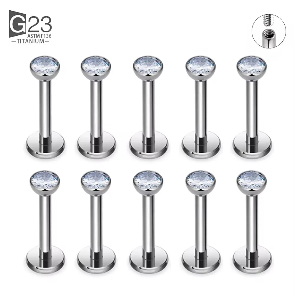 10Pc/50Pc G23 Titanium Labret Studs – Square CZ Stone Cartilage, Tragus, and Lip Piercing, Threaded Body Jewelry