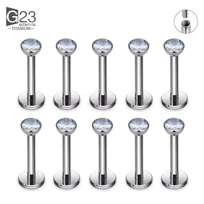 10Pc/50Pc G23 Titanium Labret Studs – Square CZ Stone Cartilage, Tragus, and Lip Piercing, Threaded Body Jewelry