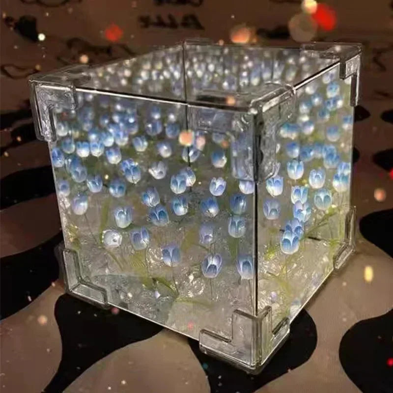 Tulip Mirror Cube Lamp Simulation Flower Bedroom Sleeping DIY Table Lamp Handmade Craft Tulips Mirror Night Light Birthday Gift